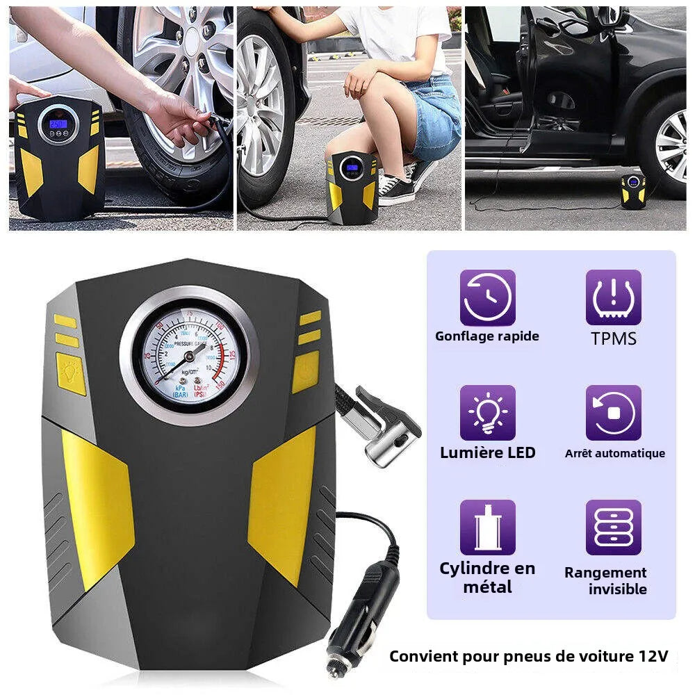 Gonfleur de Pneus 12V Multifonction - Compresseur d'Air Portable avec Manomètre Numérique - Pour Voiture, Vélos, Sports.