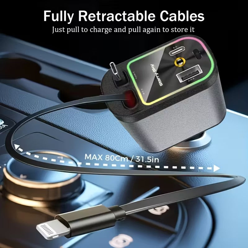 Chargeur Voiture Rapide 180W – 5-en-1 Universel USB-C/Rétractable