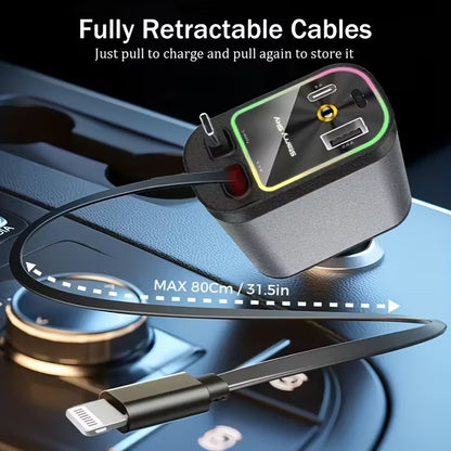 Chargeur Voiture Rapide 180W – 5-en-1 Universel USB-C/Rétractable