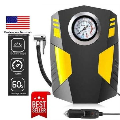 Gonfleur de Pneus 12V Multifonction - Compresseur d'Air Portable avec Manomètre Numérique - Pour Voiture, Vélos, Sports.